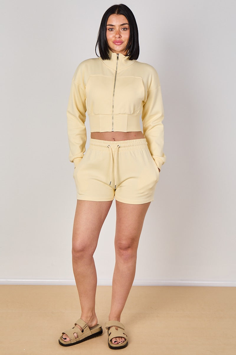 Cropped High Collar Zip-Up Sweatshirt & Shorts Co-Ord Set