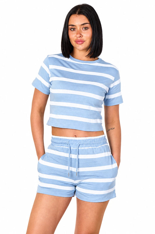 Short Sleeve Striped Crop Top And Shorts Set 2-Piece Loungewear