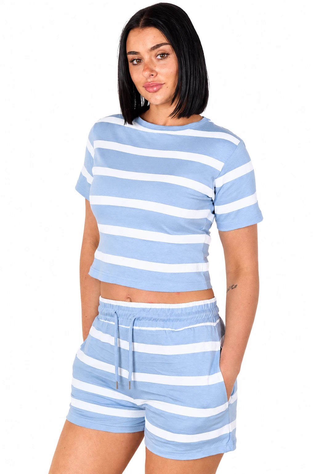 Short Sleeve Striped Crop Top And Shorts Set 2-Piece Loungewear