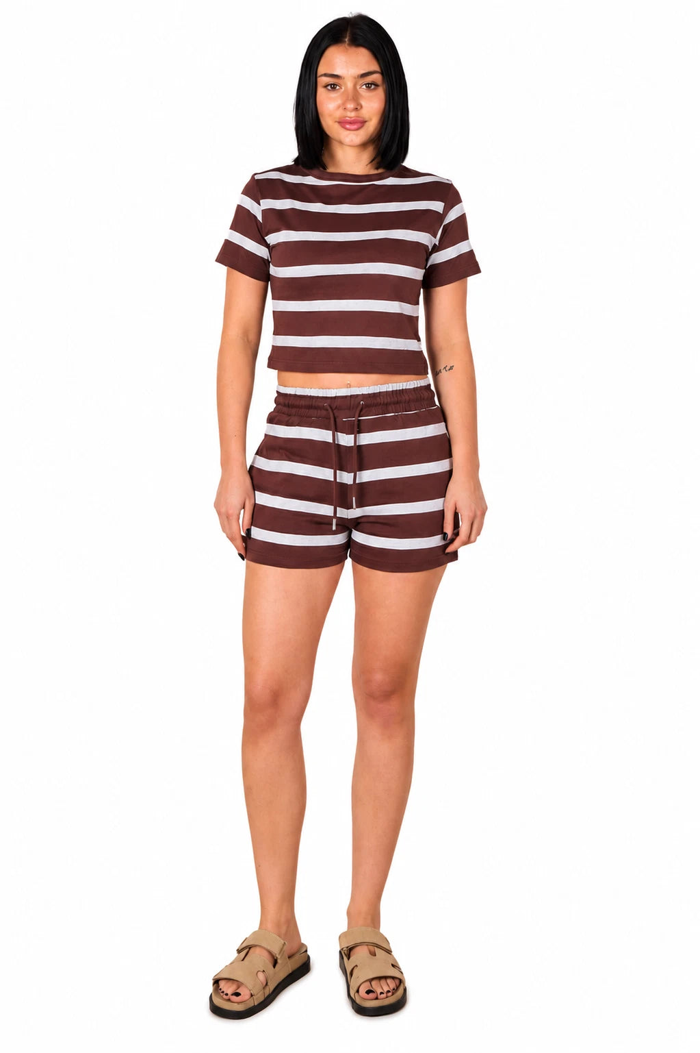 Short Sleeve Striped Crop Top And Shorts Set 2-Piece Loungewear