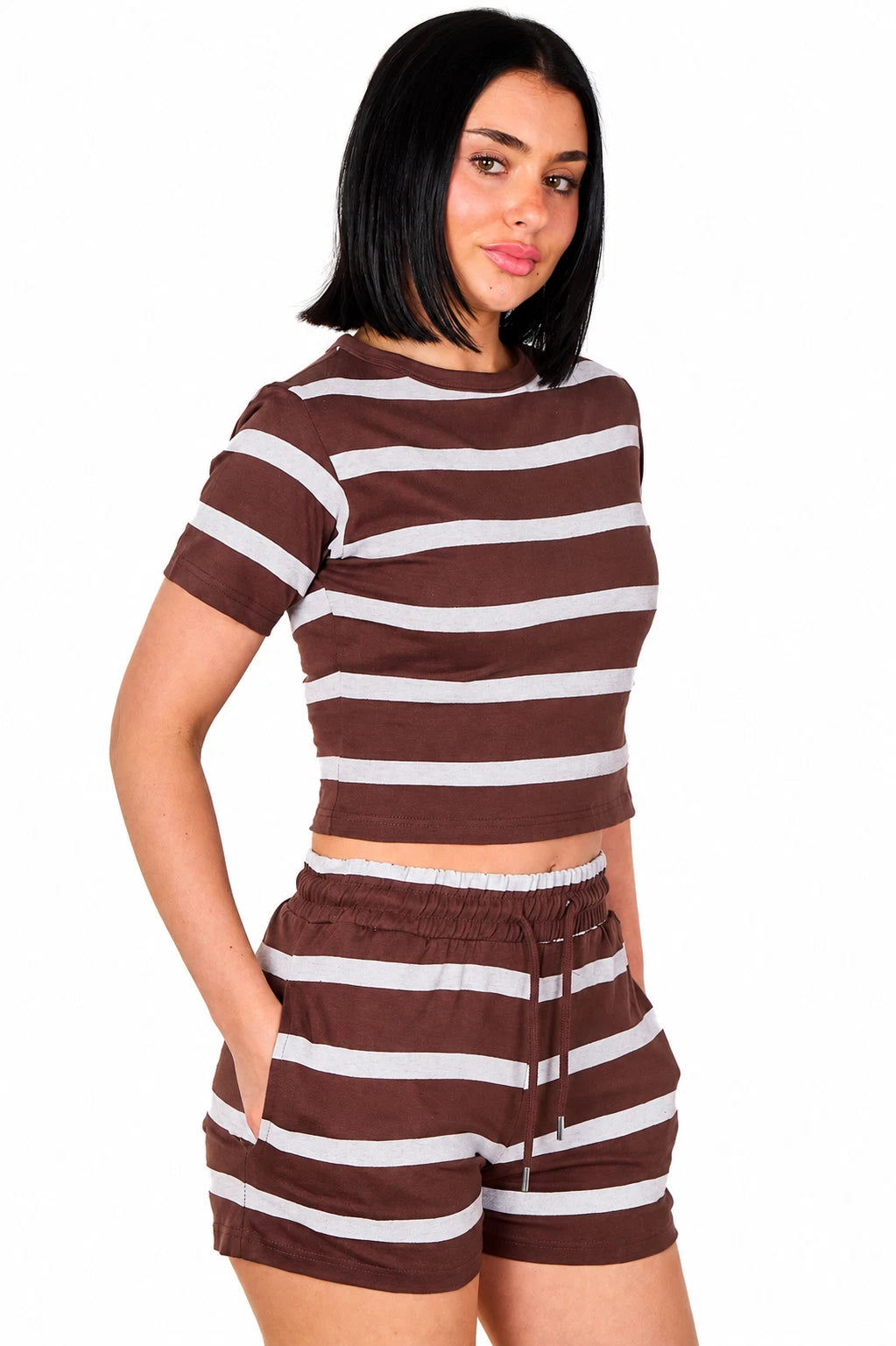 Short Sleeve Striped Crop Top And Shorts Set 2-Piece Loungewear