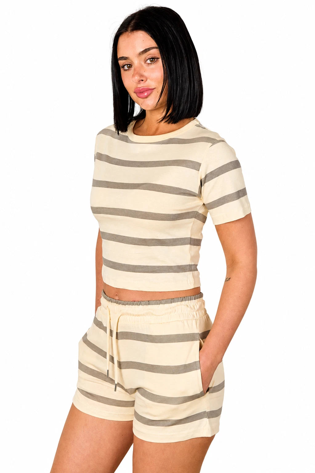 Short Sleeve Striped Crop Top And Shorts Set 2-Piece Loungewear