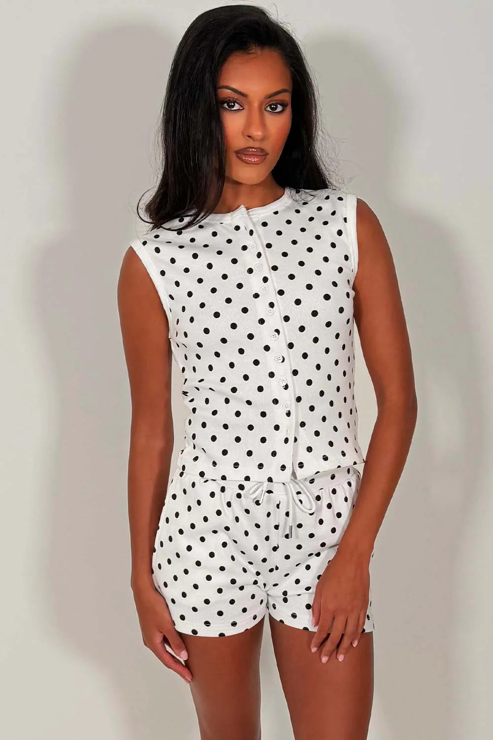Sleeveless Ribbed Polka Dot Button Up Top And Shorts Set