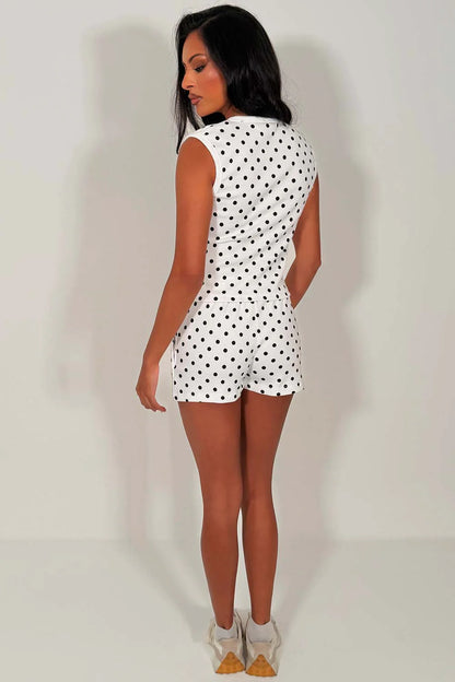 Sleeveless Ribbed Polka Dot Button Up Top And Shorts Set