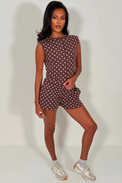 Sleeveless Ribbed Polka Dot Button Up Top And Shorts Set