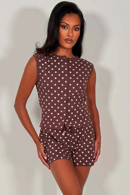 Sleeveless Ribbed Polka Dot Button Up Top And Shorts Set