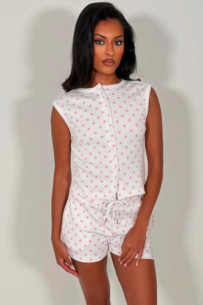 Sleeveless Ribbed Polka Dot Button Up Top And Shorts Set