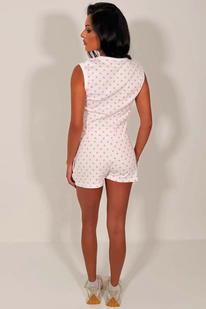 Sleeveless Ribbed Polka Dot Button Up Top And Shorts Set