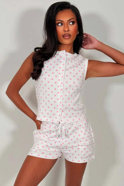Sleeveless Ribbed Polka Dot Button Up Top And Shorts Set