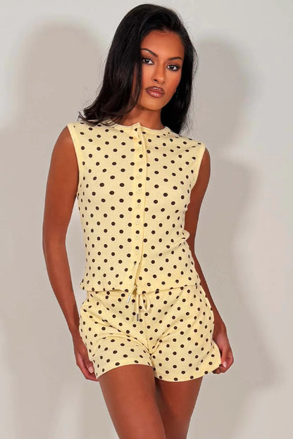 Sleeveless Ribbed Polka Dot Button Up Top And Shorts Set