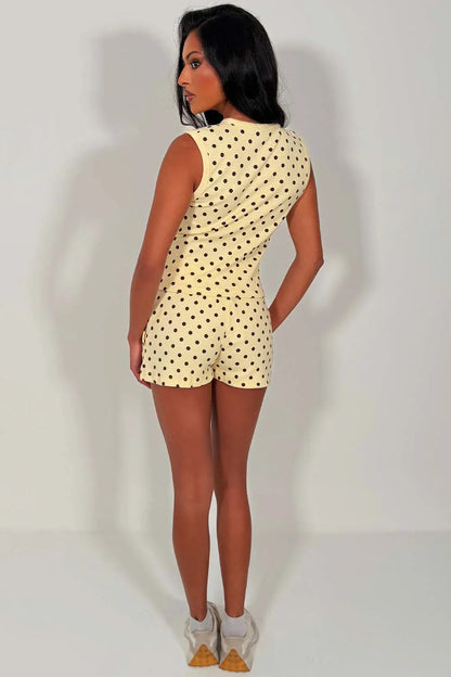Sleeveless Ribbed Polka Dot Button Up Top And Shorts Set