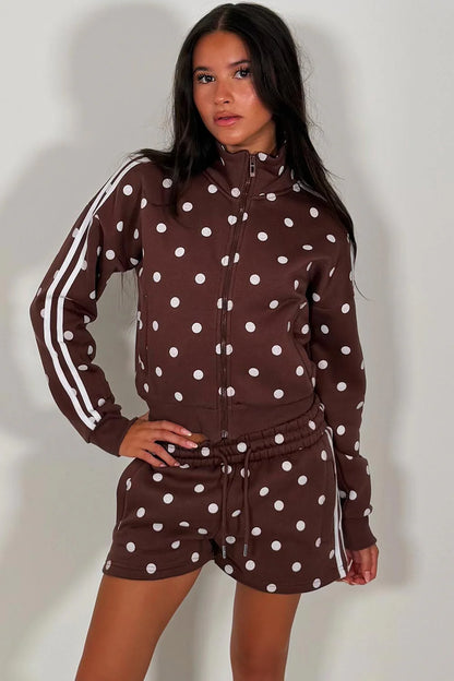 Polka Dot Funnel Neck Zip Up Sweatshirt & Shorts Tracksuit