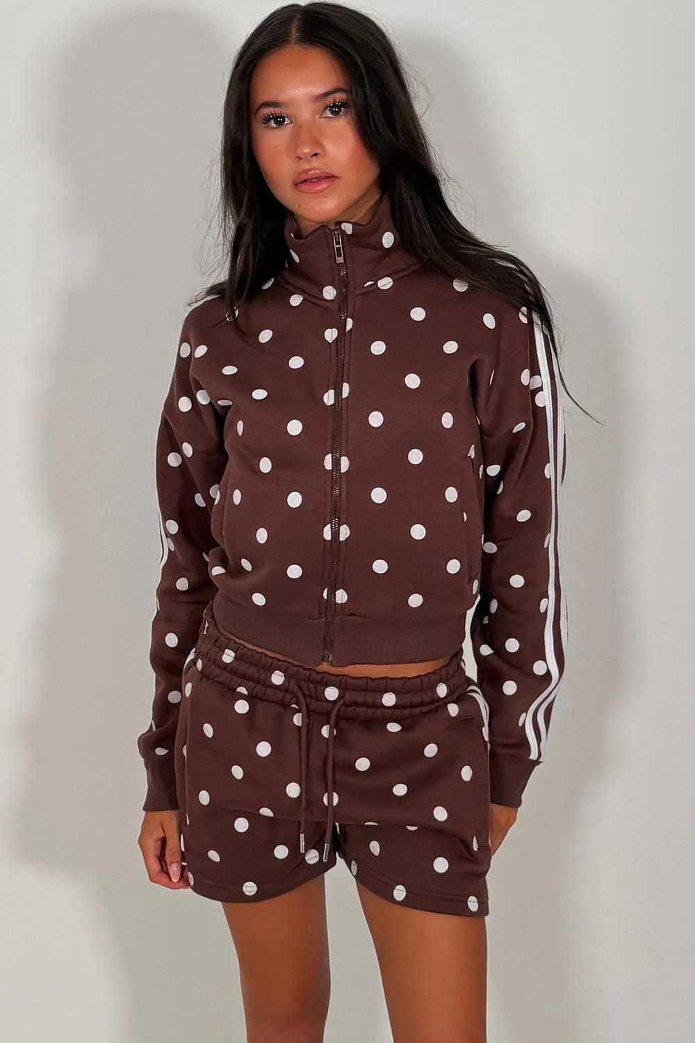 Polka Dot Funnel Neck Zip Up Sweatshirt & Shorts Tracksuit