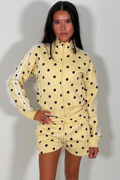 Polka Dot Funnel Neck Zip Up Sweatshirt & Shorts Tracksuit