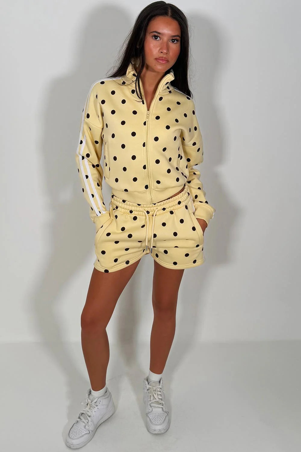 Polka Dot Funnel Neck Zip Up Sweatshirt & Shorts Tracksuit