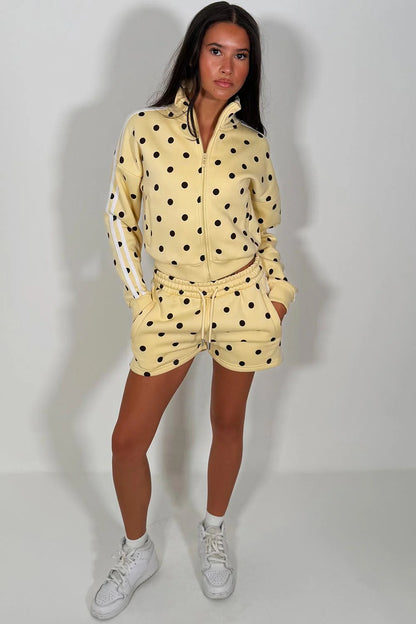 Polka Dot Funnel Neck Zip Up Sweatshirt & Shorts Tracksuit
