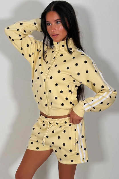 Polka Dot Funnel Neck Zip Up Sweatshirt & Shorts Tracksuit