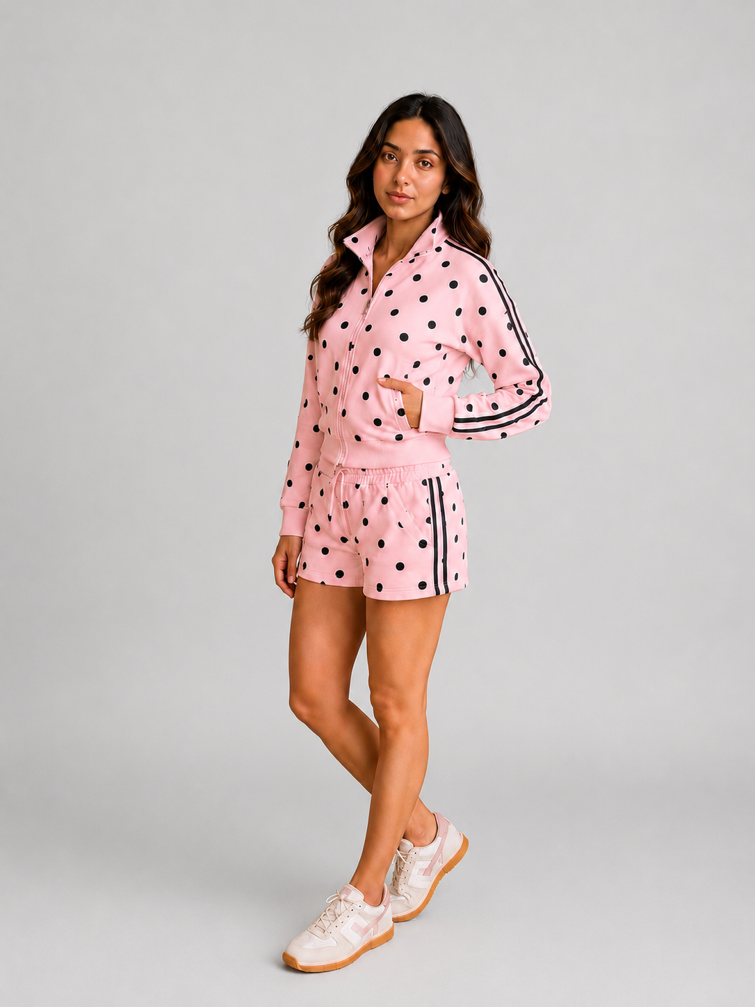 Polka Dot Funnel Neck Zip Up Sweatshirt & Shorts Tracksuit