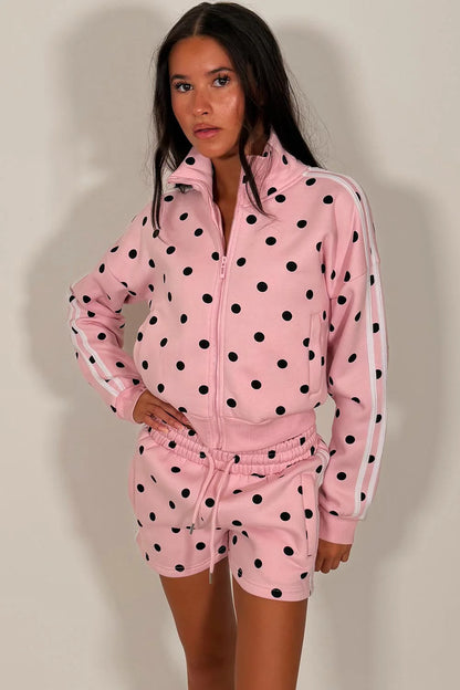 Polka Dot Funnel Neck Zip Up Sweatshirt & Shorts Tracksuit