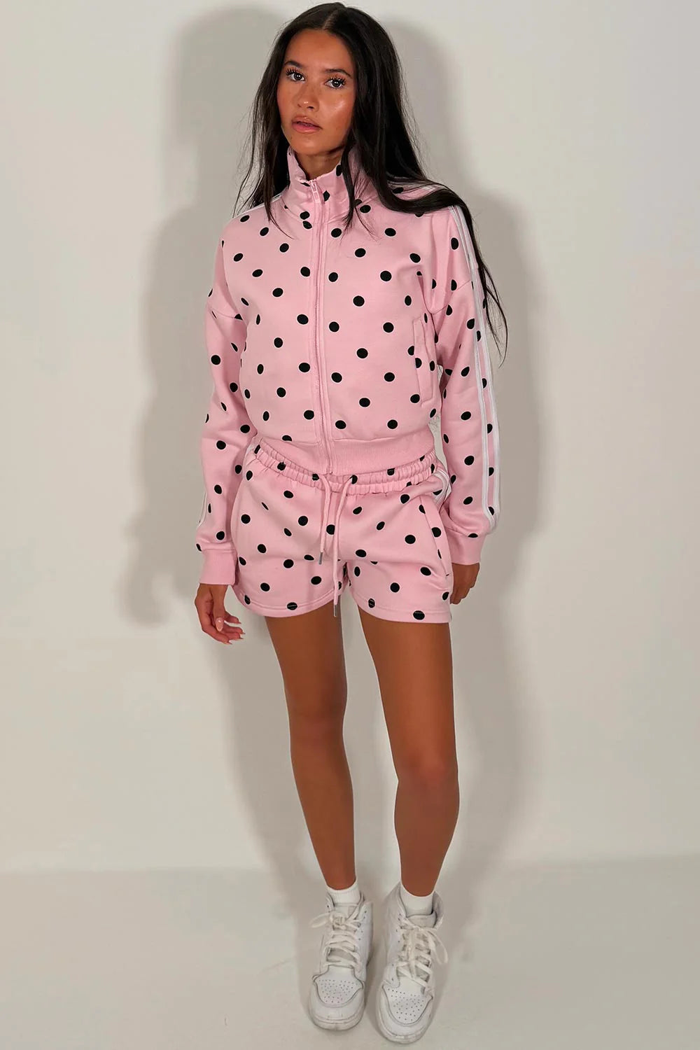 Polka Dot Funnel Neck Zip Up Sweatshirt & Shorts Tracksuit