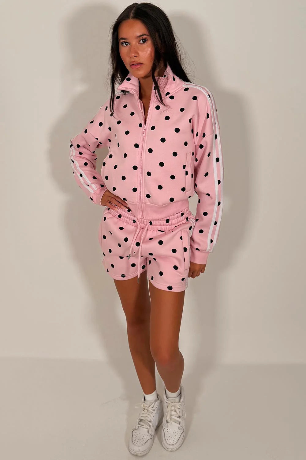 Polka Dot Funnel Neck Zip Up Sweatshirt & Shorts Tracksuit