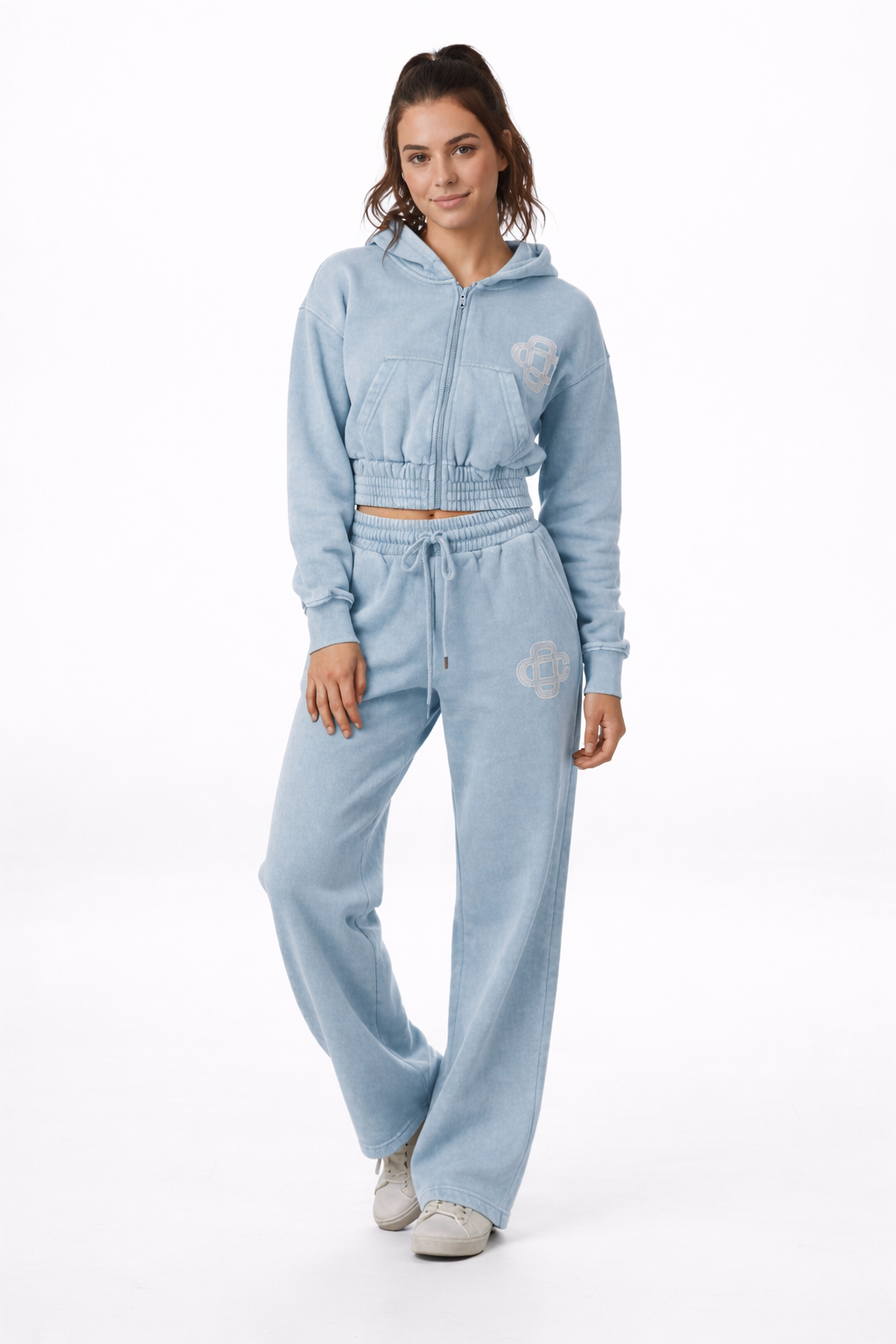 Velour Cropped Hoodie & Wide Leg Jogger Tracksuit Set