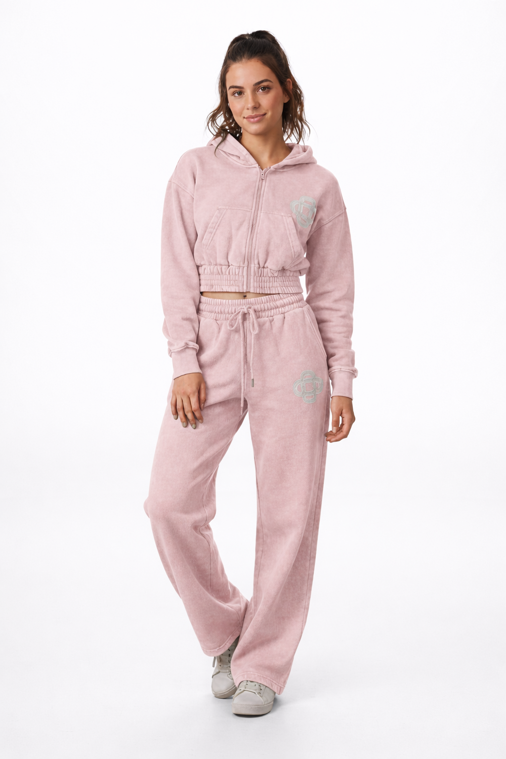 Velour Cropped Hoodie & Wide Leg Jogger Tracksuit Set