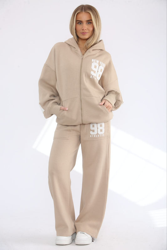 Oversized New York 98 Athletic Zip Up Hoodie & Wide Leg Joggers Tracksuit