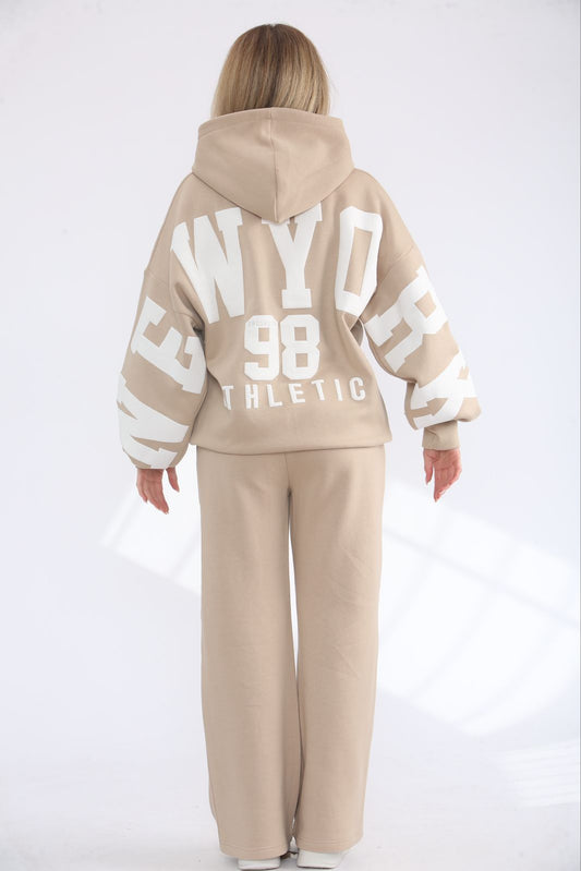 Oversized New York 98 Athletic Zip Up Hoodie & Wide Leg Joggers Tracksuit