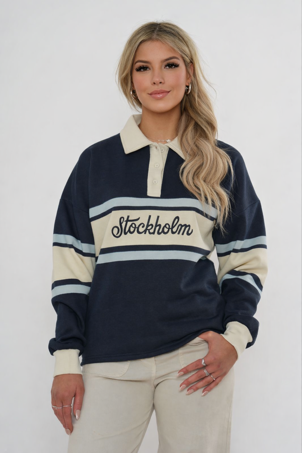 Rugby Collar Stripe Oversized Sweatshirt