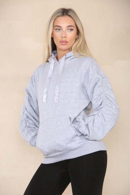 Ruched Sleeve Hoodie with Silk Ribbon Drawstring & Front Pocket