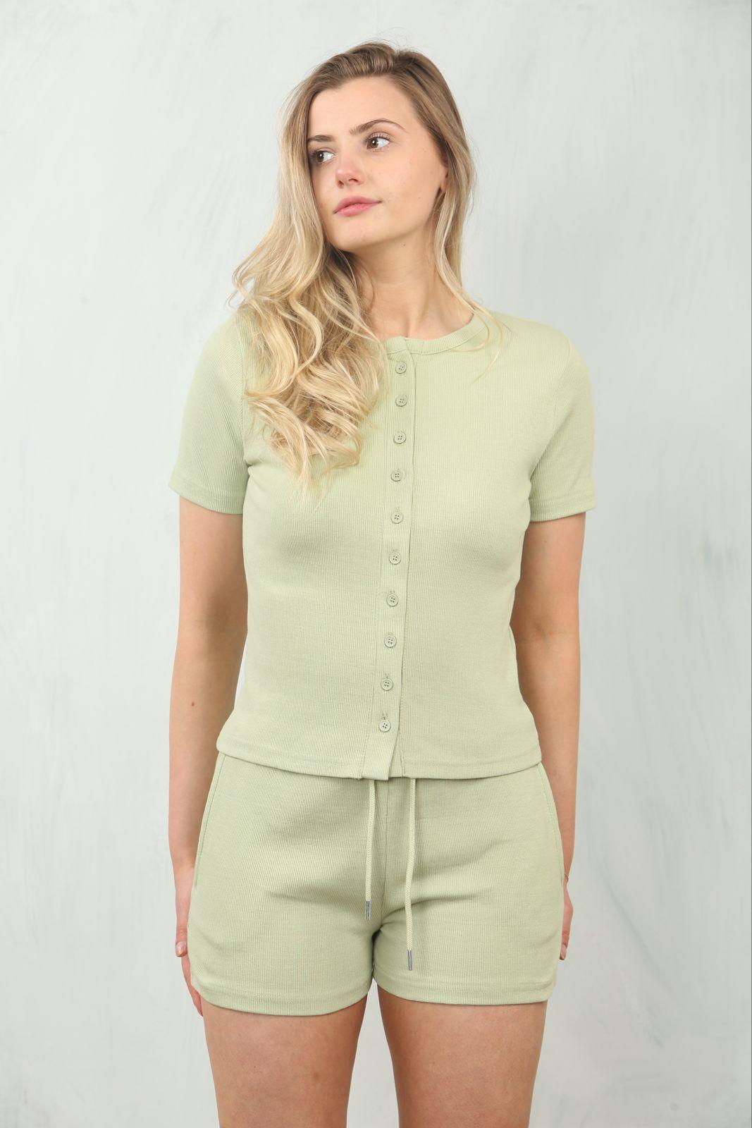 Ribbed Button Up Top And Shorts Set