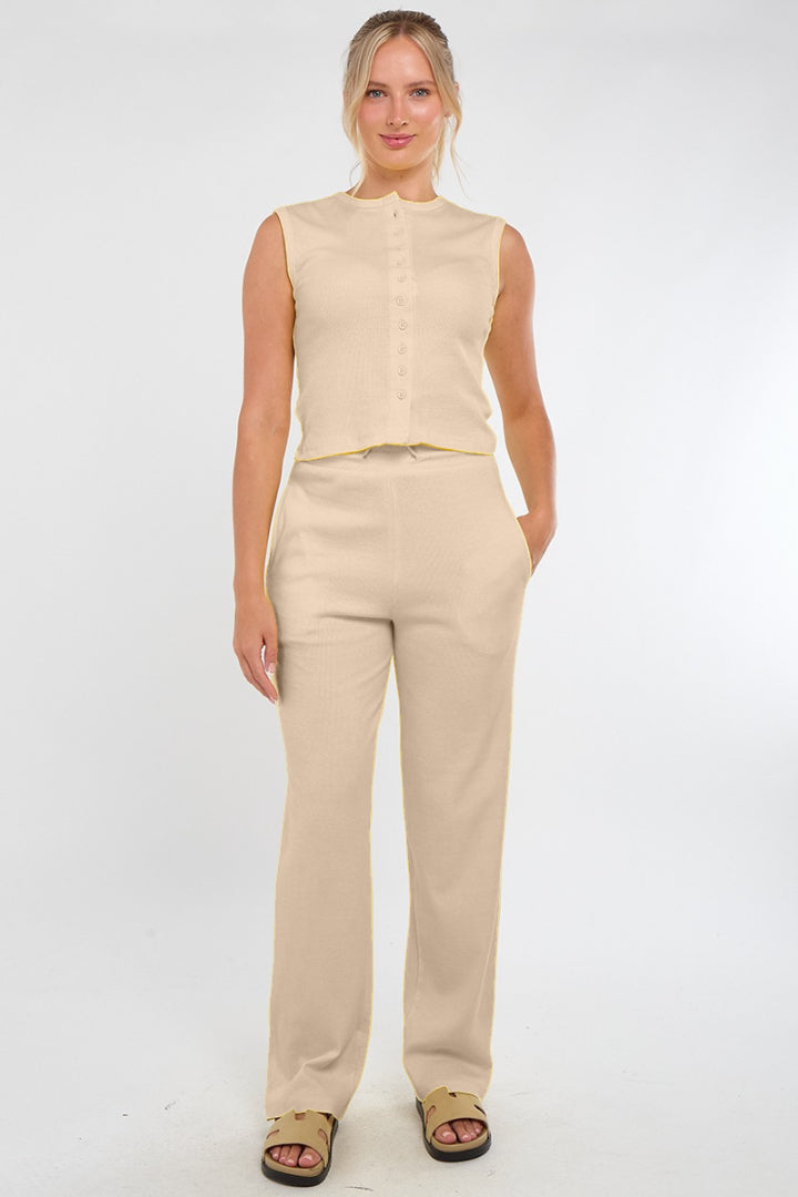 Sleeveless Ribbed Button Up Top And Wide Leg Trousers Set