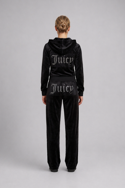 Cropped Hoodie & Jogger Juicy Rhinestone Velour Tracksuit Set