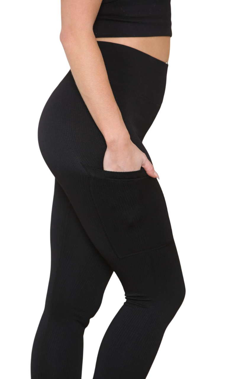 High Waisted Ribbed Leggings with Side Pocket