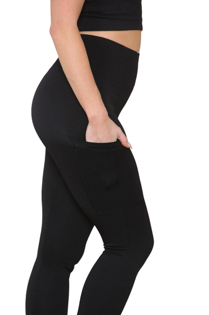 High Waisted Ribbed Leggings with Side Pocket