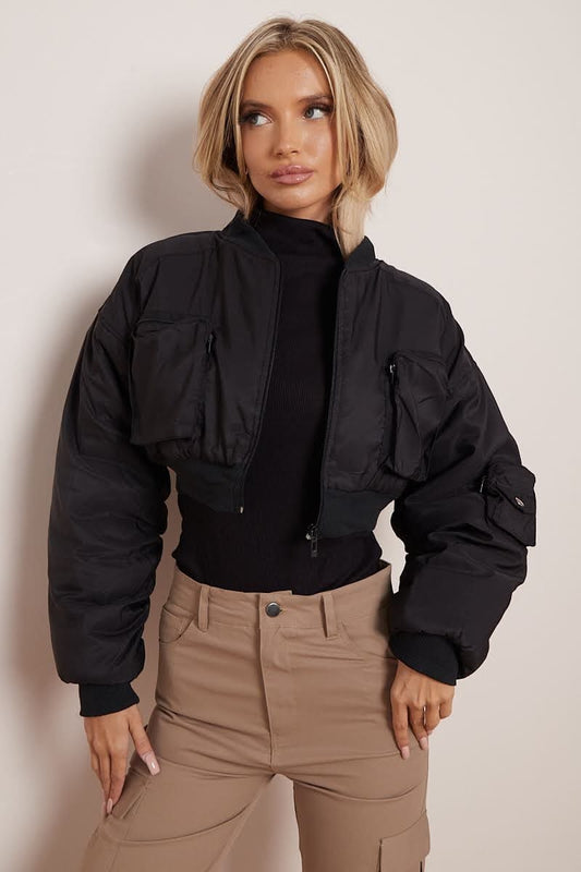 Cropped Utility Pocket Bomber Jacket