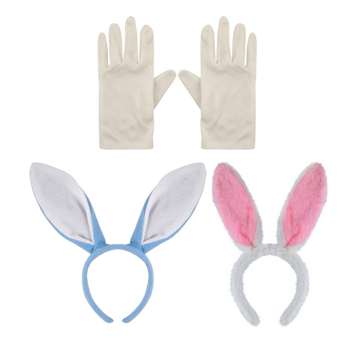 Kids Bunny Ears Blue Pink Headband and White Gloves Costume Sets