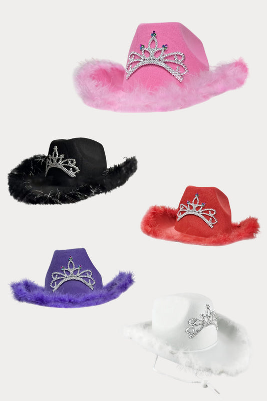 Cowboy Hat with Fluff Trim and Crown Gem Detail