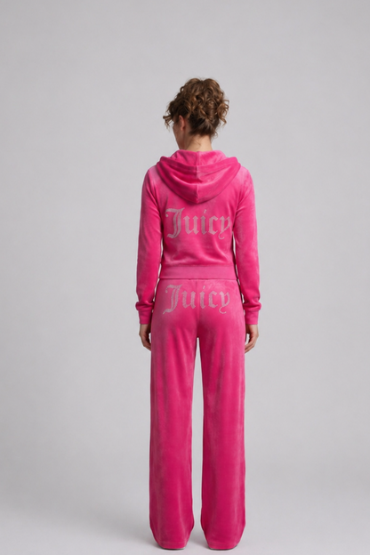 Cropped Hoodie & Jogger Juicy Rhinestone Velour Tracksuit Set