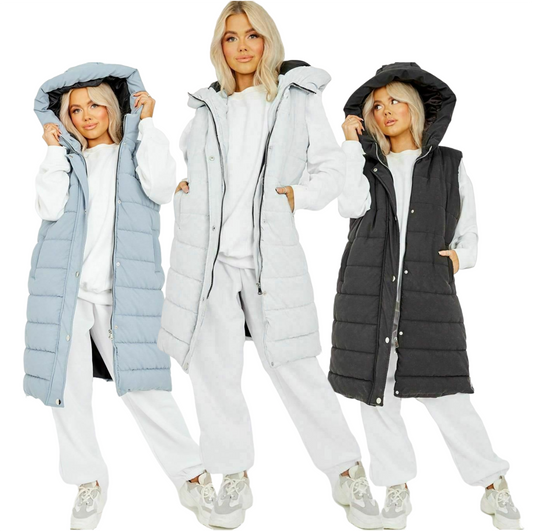 Hooded Long Line Puffer Padded Gilet Jacket Coat