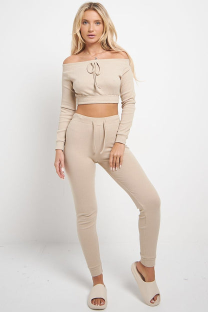 Ribbed Off-Shoulder Top and Leggings Set