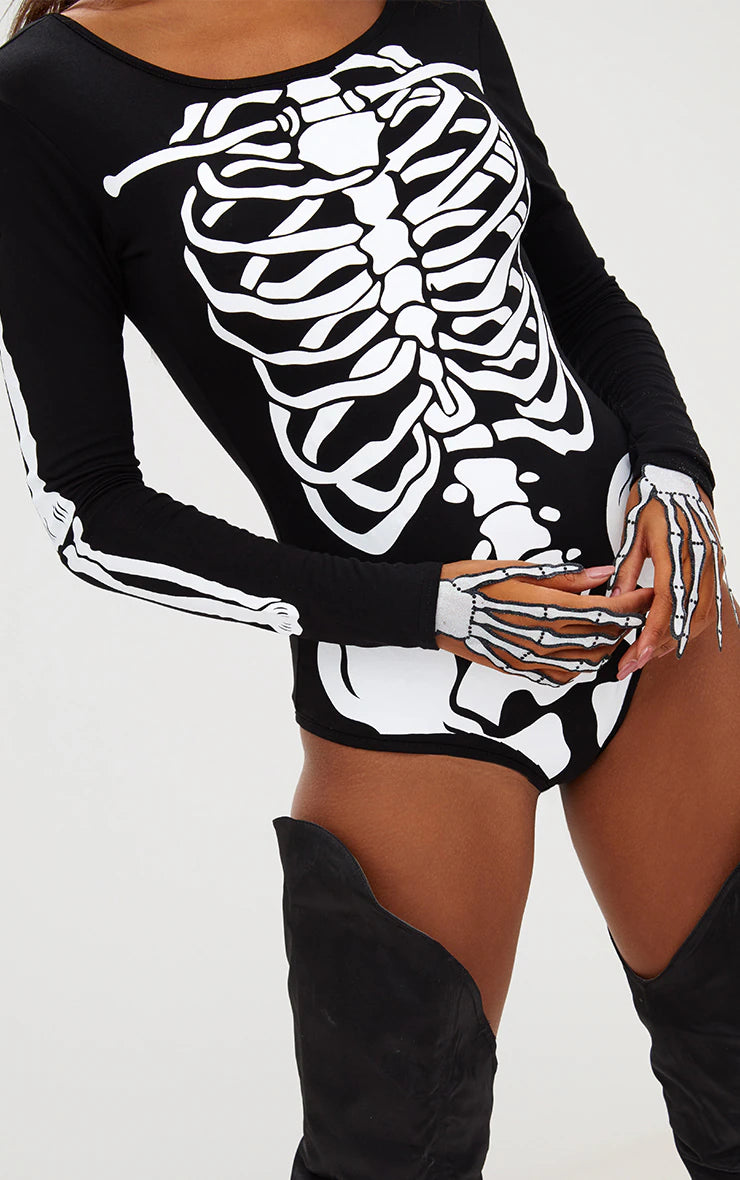 Skeleton Print Black Bodysuit Top