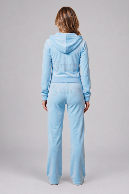 Cropped Hoodie & Jogger Juicy Rhinestone Velour Tracksuit Set