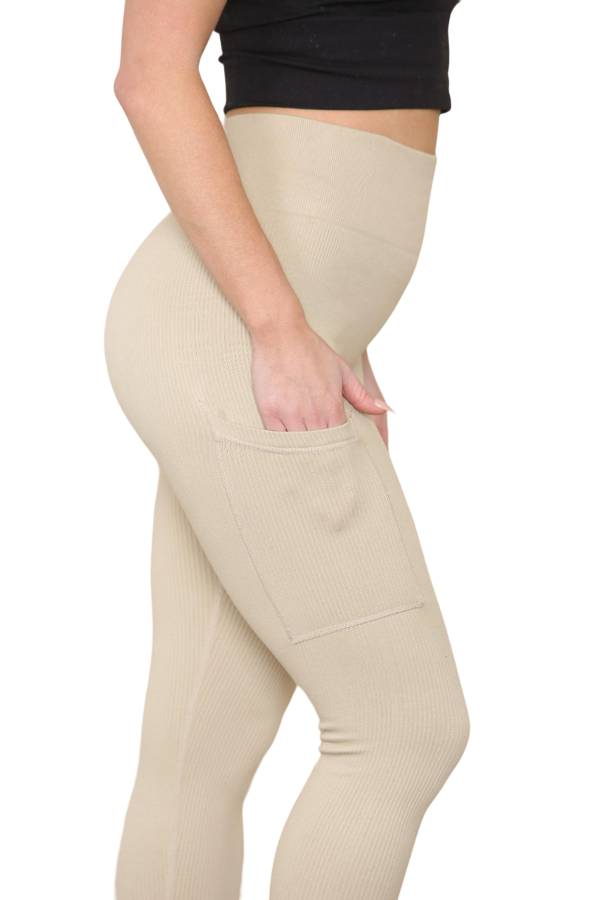 High Waisted Ribbed Leggings with Side Pocket