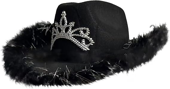 Cowboy Hat with Fluff Trim and Crown Gem Detail