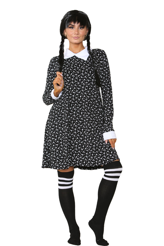Wednesday Addams 3-Piece Costume Set Including Wig, Print Dress & Socks