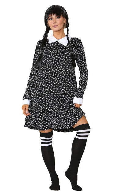 Wednesday Addams 3-Piece Costume Set Including Wig, Print Dress & Socks