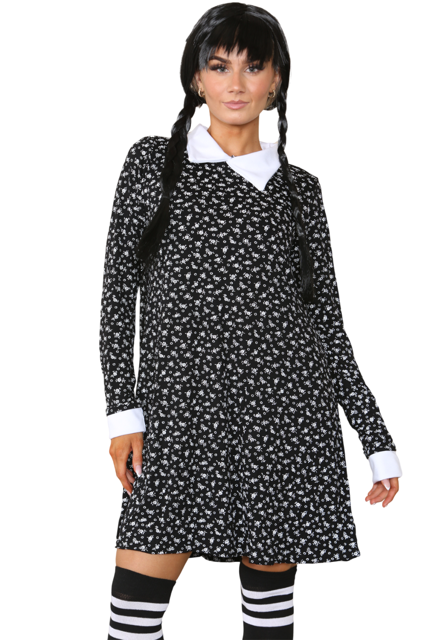 Wednesday Addams 3-Piece Costume Set Including Wig, Print Dress & Socks