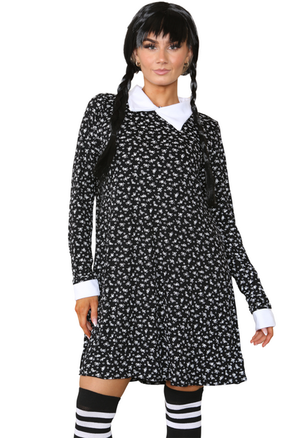 Wednesday Addams 3-Piece Costume Set Including Wig, Print Dress & Socks